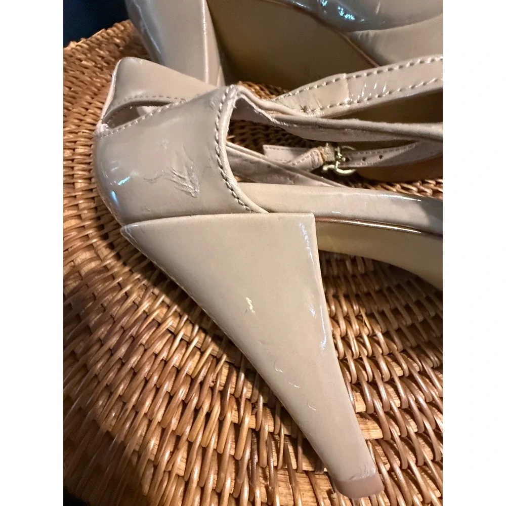 Franco Sarto Nude Patent Peep Toe Platform Heels Ankle Strap Pumps Size 8.5M